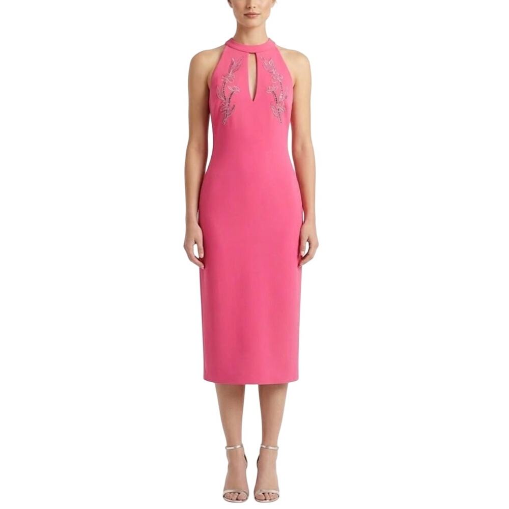 Aidan Mattox Beaded Cut Out Midi Sheath Cocktail Dress Coral Pink Size 6